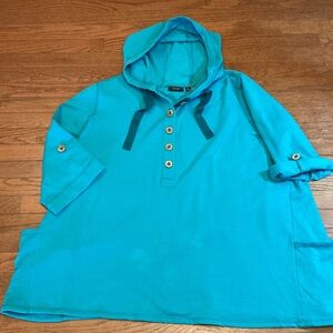 Susan Graver Weekend Bright Turquoise Hooded Pullover W/ Button Placket Sz 3X